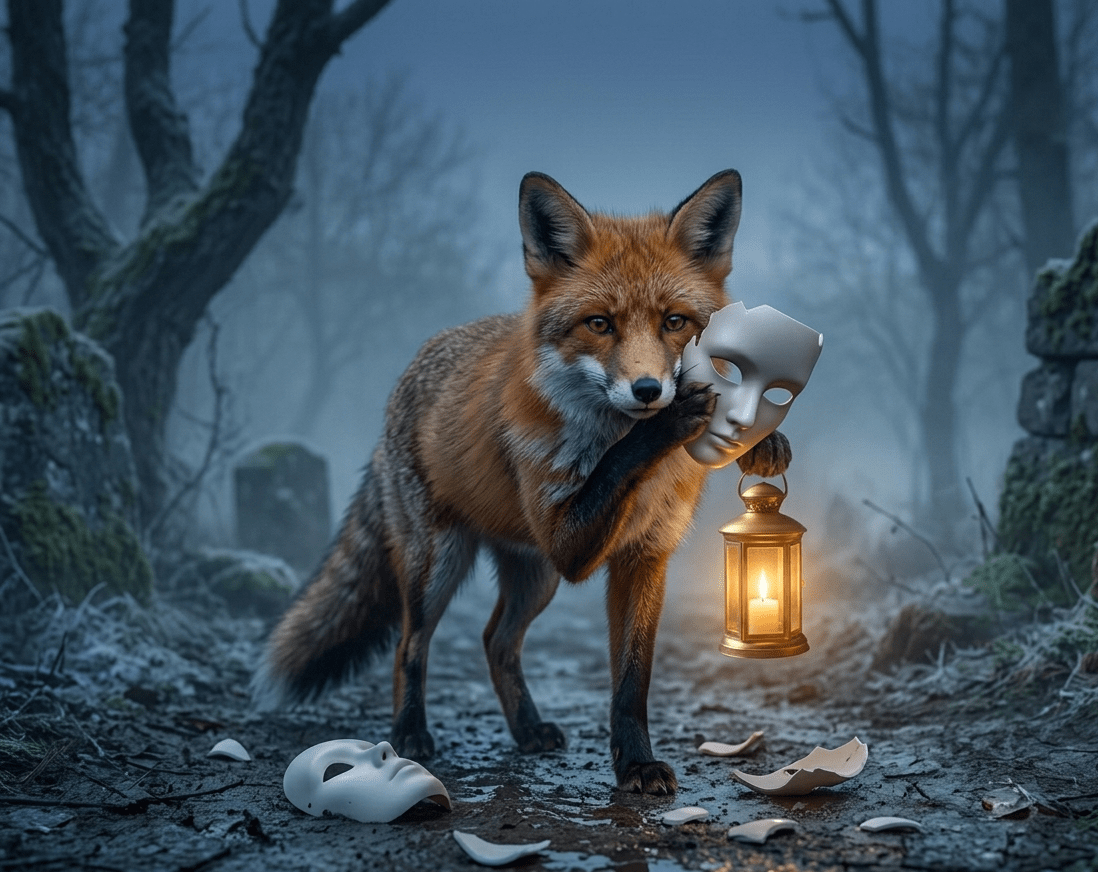 Uma raposa realista numa floresta noturna e enevoada, retirando uma máscara de porcelana branca quebrada para revelar o seu rosto verdadeiro sob a luz de uma lanterna dourada.