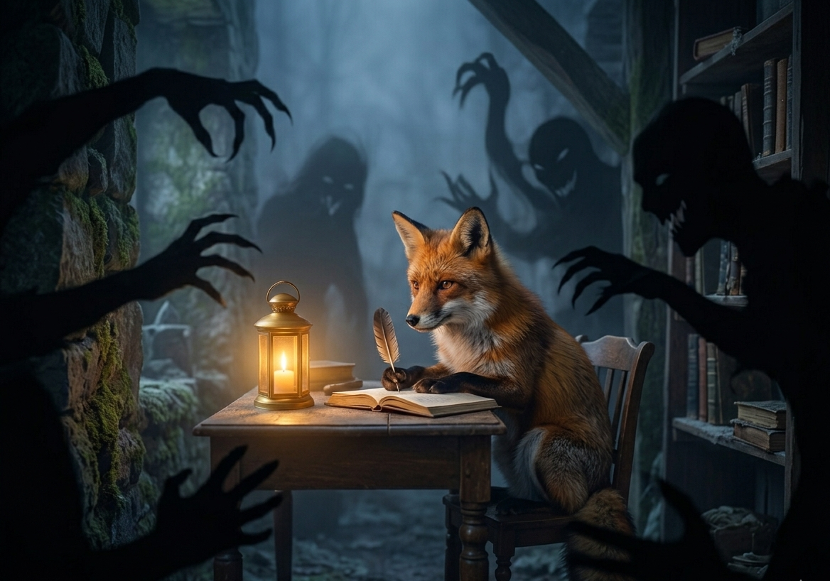 Uma raposa foca-se calmamente em escrever num diário sob a luz de uma lanterna, enquanto sombras ameaçadoras e opressoras, semelhantes a garras e figuras invasivas, cercam o seu espaço de trabalho.