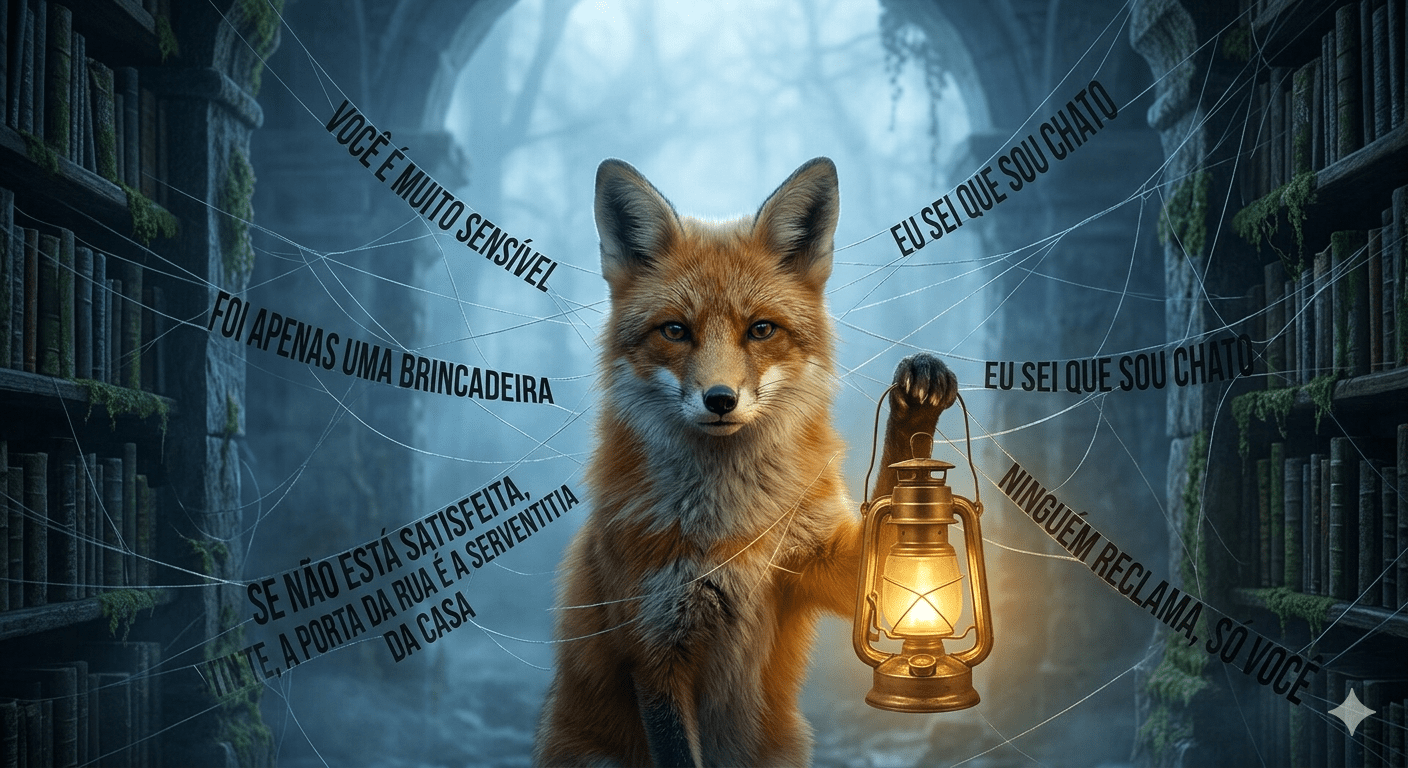 Uma raposa segura uma lanterna dourada enquanto está cercada por uma teia complexa onde frases em português, representando assédio moral (ex: 'Você é muito sensível', 'Ninguém reclama, só você'), materializam-se como armadilhas escuras.