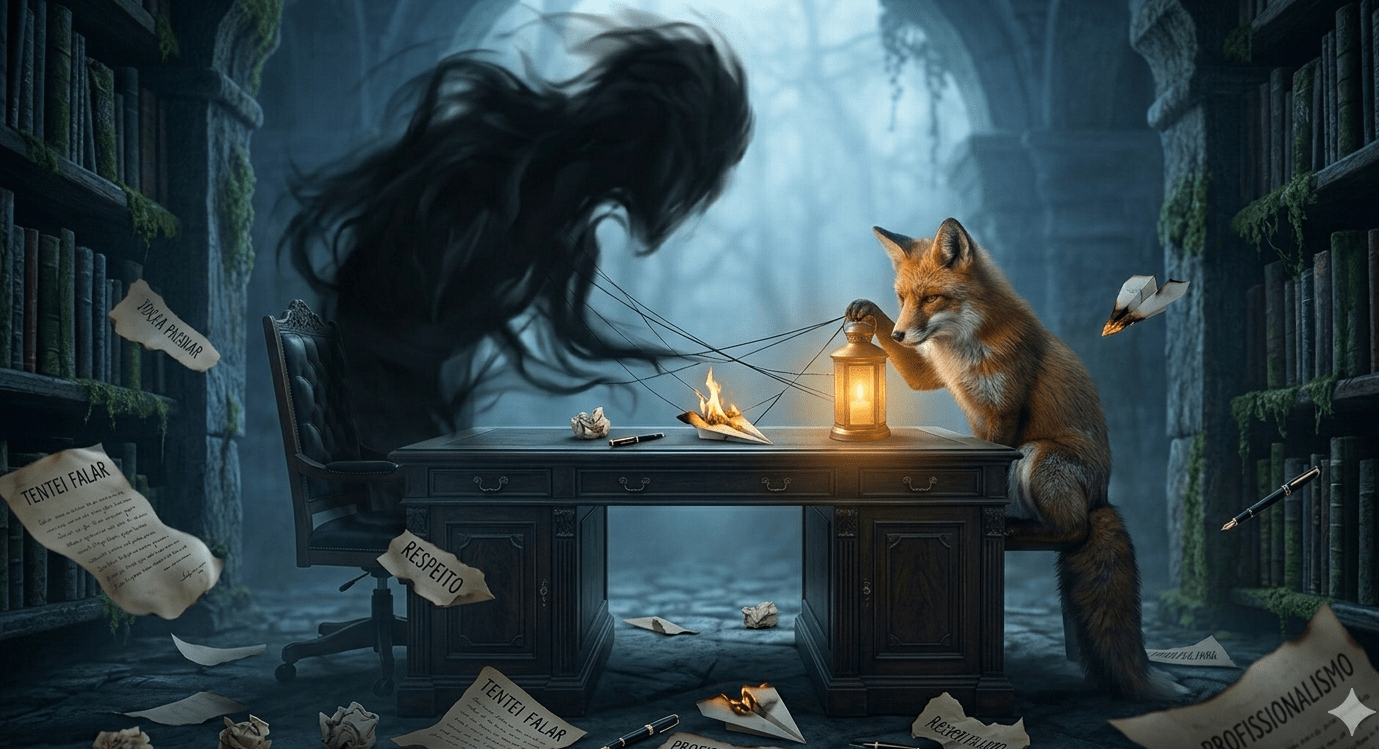 Uma raposa está sentada a uma secretária de escritório antiga e escura, iluminando o seu próprio espaço com uma lanterna dourada. À sua frente, uma sombra imensa e fantasmagórica projeta-se sobre a mesa, representando a figura de um agressor invisível. Entre a raposa e a sombra, aviões de papel feitos de documentos — simbolizando tentativas de diálogo e profissionalismo — estão espalhados pela mesa e pelo chão, alguns deles em chamas ou queimados. Fios finos e pretos conectam a sombra à secretária, enquanto a raposa mantém o olhar baixo e focado na sua luz, ignorando a presença opressora.