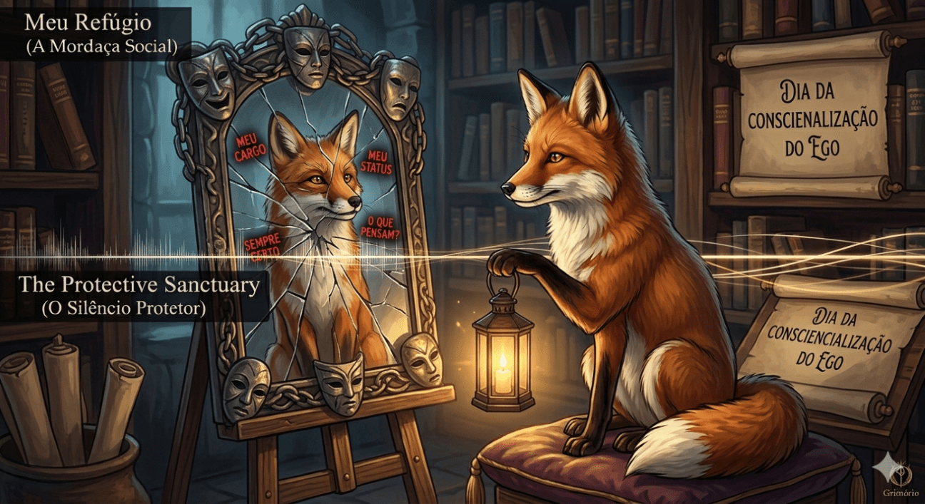 Uma ilustração dramática e introspectiva, no estilo de uma pintura digital misteriosa, ambientada na biblioteca antiga e aconchegante do 'Meu Refúgio'. A raposa, nossa guia, está sentada placidamente sobre uma almofada de veludo, segurando sua lanterna acesa com a pata direita, iluminando o ambiente. Ela não usa sua máscara habitual, mas olha com olhos serenos e claros para um espelho ornamentado e pesado que está em um cavalete à sua esquerda. O espelho, com uma moldura de metal escuro que incorpora elos de corrente e máscaras teatrais sobrepostas, está rachado e fragmentado. Dentro dele, o reflexo da raposa é distorcido, tenso e mascarado, representando o Ego Excessivo. Pequenas etiquetas de texto digital em português flutuam ao redor do reflexo quebrado: 'MEU CARGO', 'MEU STATUS', 'SEMPRE CERTO', 'O QUE PENSAM?'. Em contraste, a raposa real está calma e inteira. A luz quente da lanterna banha o cavalete e um pergaminho na mesa ao fundo, onde se lê a inscrição elegante: 'DIA DA CONSCIENCIALIZAÇÃO DO EGO'. Ondas de som suaves e harmónicas dissipam-se suavemente no ar, simbolizando a paz da observação silenciosa e a desconstrução da Sociologia do Falso. A atmosfera é de profunda introspecção e serenidade.