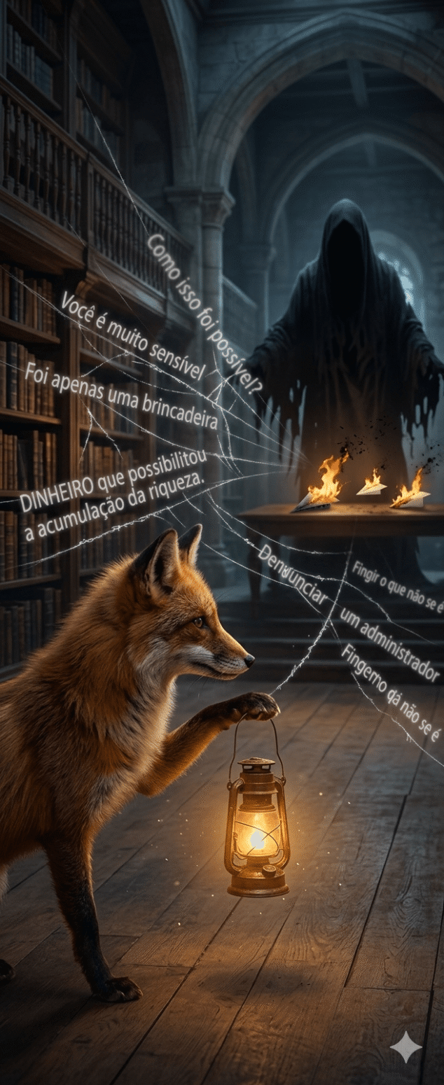 A imagem simboliza a busca pela verdade e sanidade (a raposa com a lanterna) num ambiente de opressão e manipulação psicológica (o espectro e as frases de assédio). Os papéis a arder representam denúncias ou comunicações que foram ignoradas ou destruídas pelo sistema.