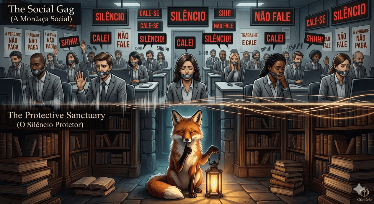 Uma ilustração dramática e dividida ao meio, que retrata o contraste entre o silêncio opressor e o silêncio protetor. A metade superior, intitulada 'A Mordaça Social' (com texto em português 'SILÊNCIO', 'CALE-SE', 'NÃO FALE' em cartazes vermelhos agressivos), mostra um escritório cinzento cheio de dezenas de pessoas amordaçadas e ansiosas, cujas bocas estão fisicamente bloqueadas por dispositivos de metal. Elas tentam levantar as mãos, mas são silenciadas pela estrutura caótica. A metade inferior, intitulada 'O Silêncio Protetor' (com texto em português), apresenta a raposa do 'Meu Refúgio' com a lanterna acesa, sentada calmamente na biblioteca antiga e aconchegante. A raposa segura uma pata levantada em um gesto deliberate de 'Shh' em frente à boca fechada, olhando serenamente para o espectador. As ondas de som agressivas do escritório dissolvem-se em luz suave e calma ao cruzar a linha para o santuário da raposa, simbolizando a paz do anonimato escolhido. O estilo é de uma pintura digital misteriosa e detalhada.