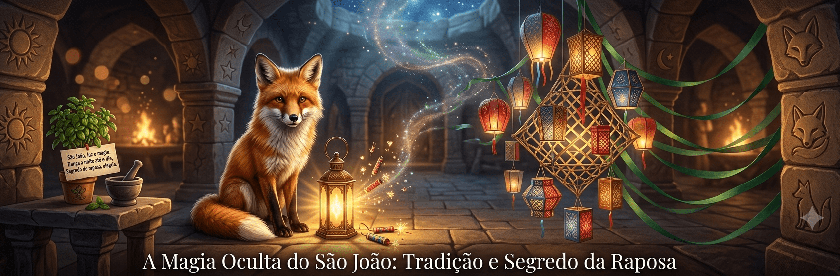 Uma imagem panorâmica com estética de fantasia digital ambientada num grande salão de pedra que evoca um refúgio ou masmorra antiga. No centro esquerdo, uma raposa realista com pelo castanho-avermelhado e detalhes pretos nas patas olha fixamente para a frente. Ao seu lado, uma lanterna acesa ilumina o chão de pedra e liberta um brilho mágico em tons de azul e dourado. À extrema esquerda, sobre uma mesa de pedra, encontra-se um pequeno vaso de manjerico com uma nota manuscrita anexada e um almofariz com pilão. À direita, fitas verdes e várias lanternas e balões de festa junina/São João com padrões geométricos flutuam no ar. As colunas laterais de pedra contêm relevos esculpidos com símbolos de sóis e cabeças de raposa. Na parte inferior, destaca-se o título em texto branco: 'A Magia Oculta do São João: Tradição e Segredo da Raposa